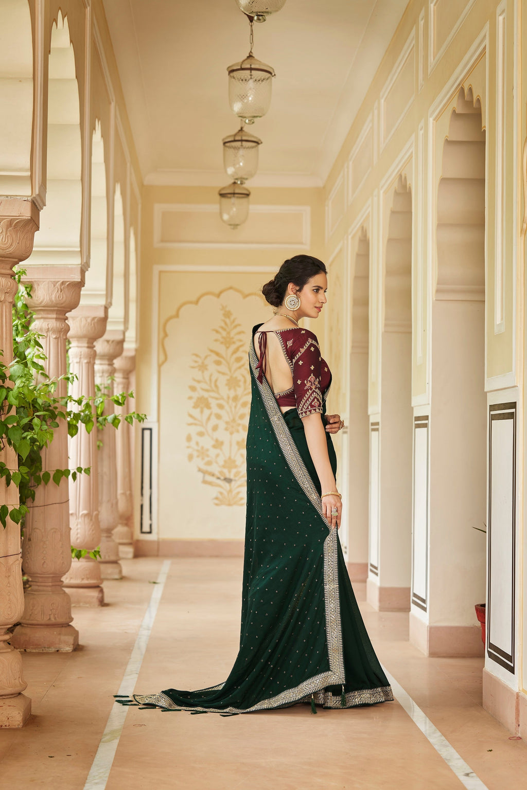 Designer Dark Green Color Swarovski Sequence Work Silk Saree Clothsvilla