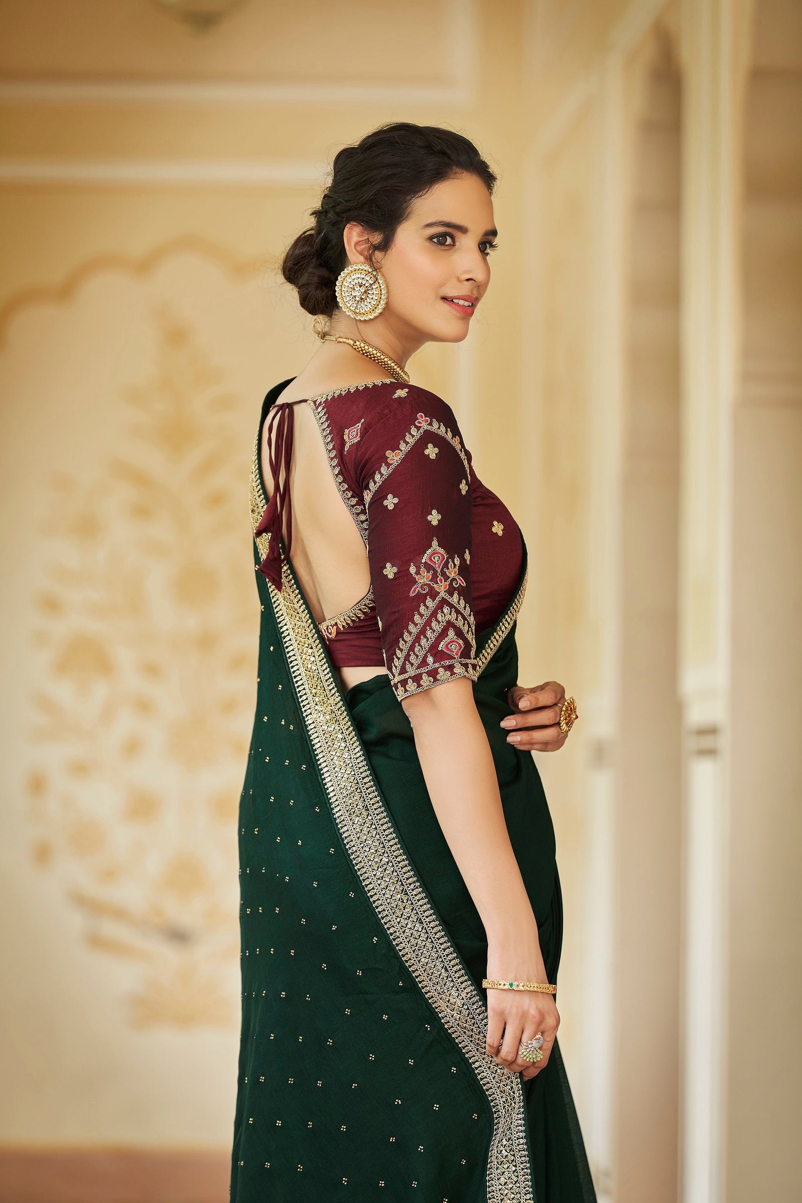 Designer Dark Green Color Swarovski Sequence Work Silk Saree Clothsvilla