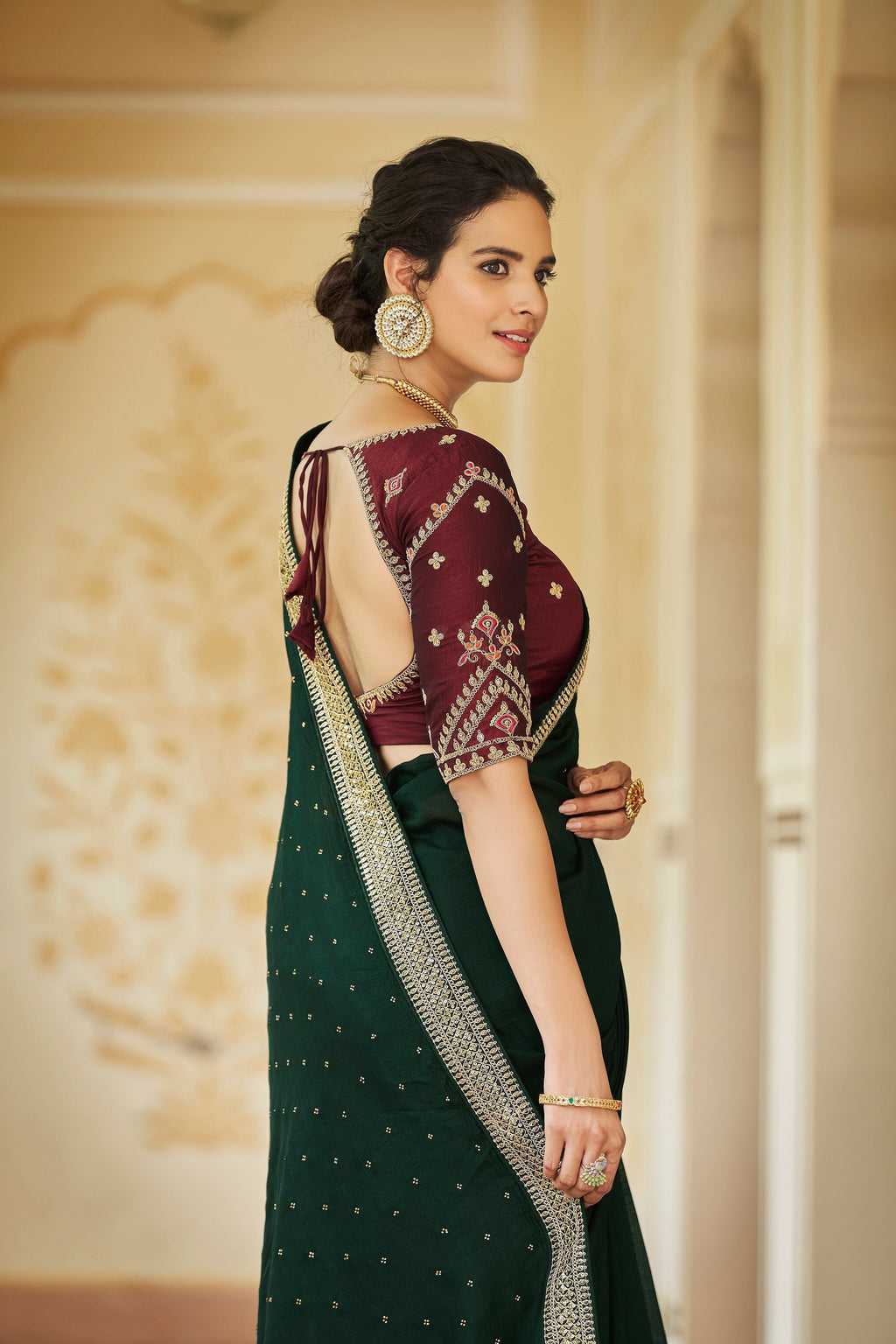 Designer Dark Green Color Swarovski Sequence Work Silk Saree Clothsvilla
