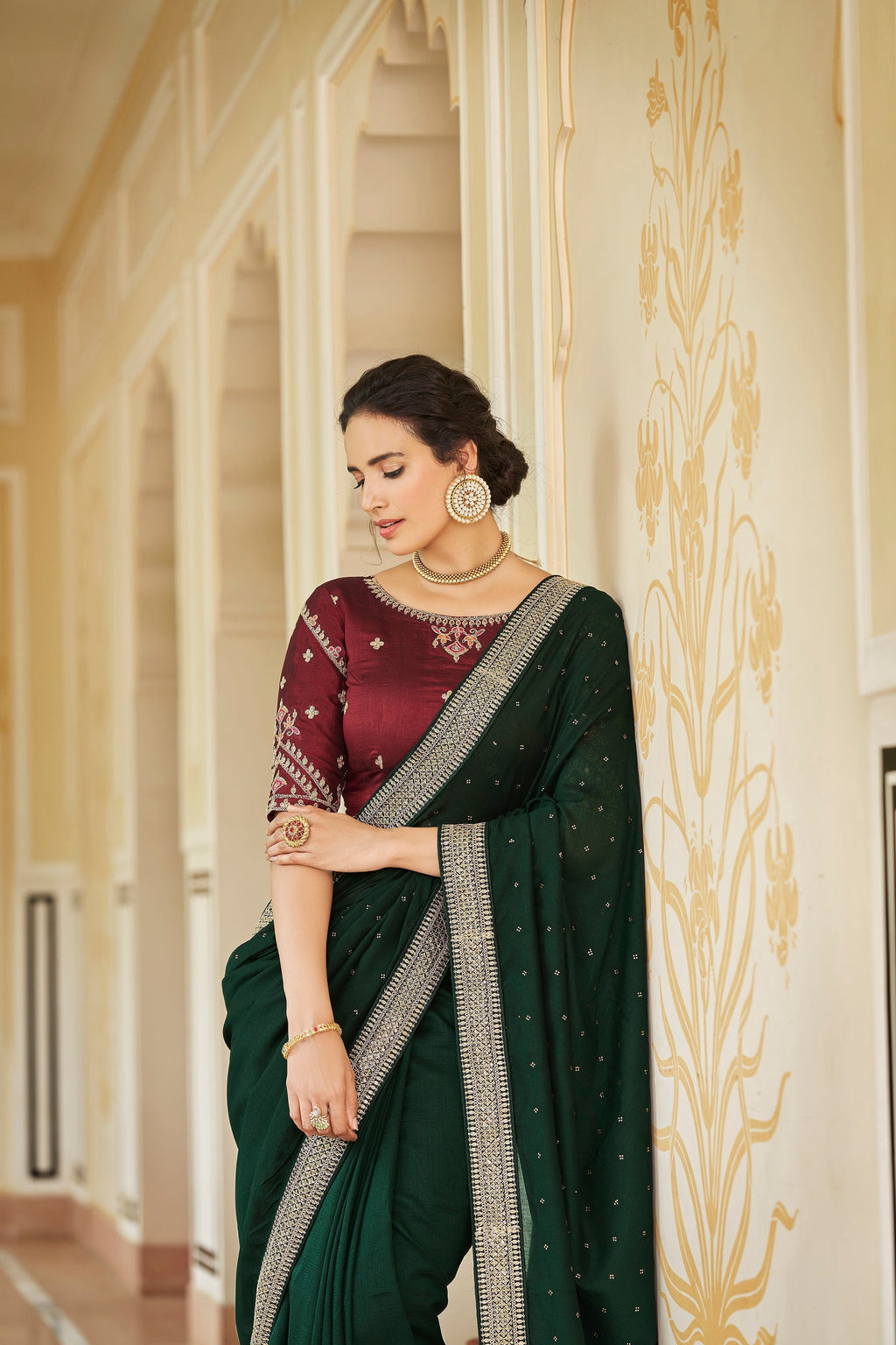 Designer Dark Green Color Swarovski Sequence Work Silk Saree Clothsvilla