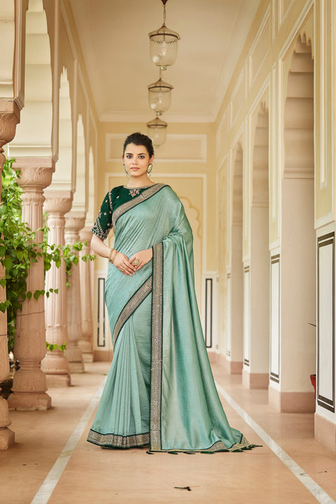 Designer Pista Green Color Swarovski Sequence Work Silk Saree Clothsvilla Main image