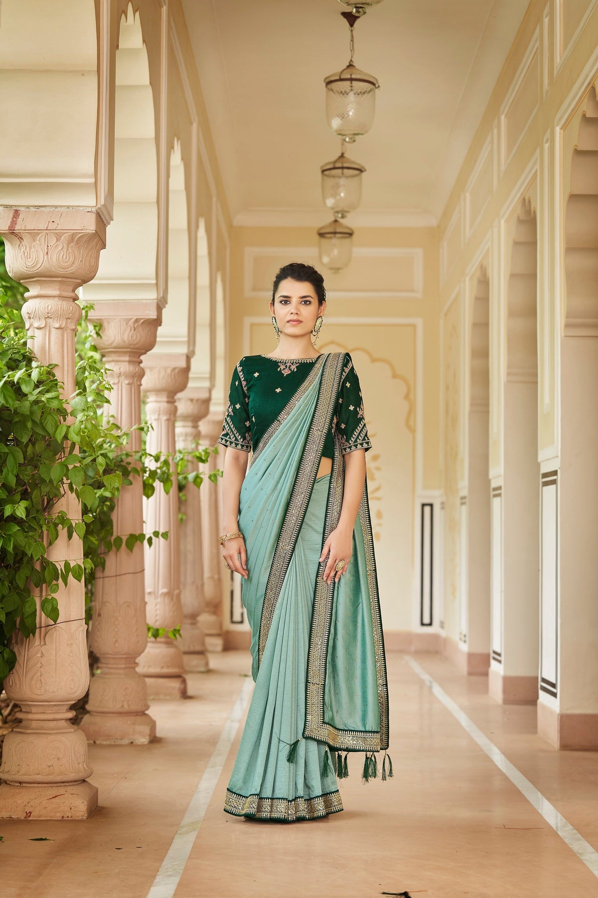 Designer Pista Green Color Swarovski Sequence Work Silk Saree Clothsvilla