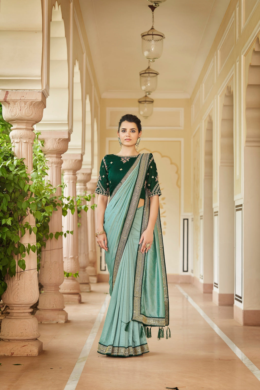 Designer Pista Green Color Swarovski Sequence Work Silk Saree Clothsvilla