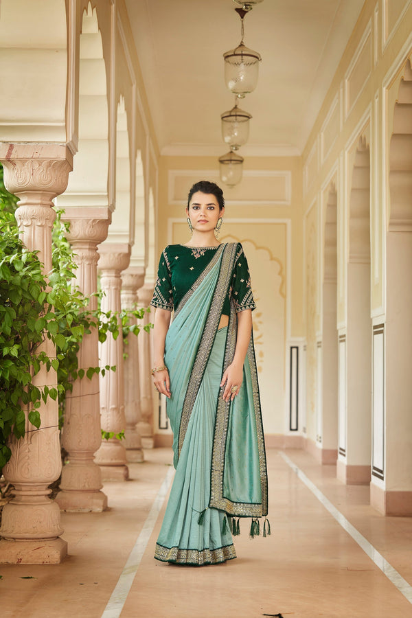 Designer Pista Green Color Swarovski Sequence Work Silk Saree Clothsvilla