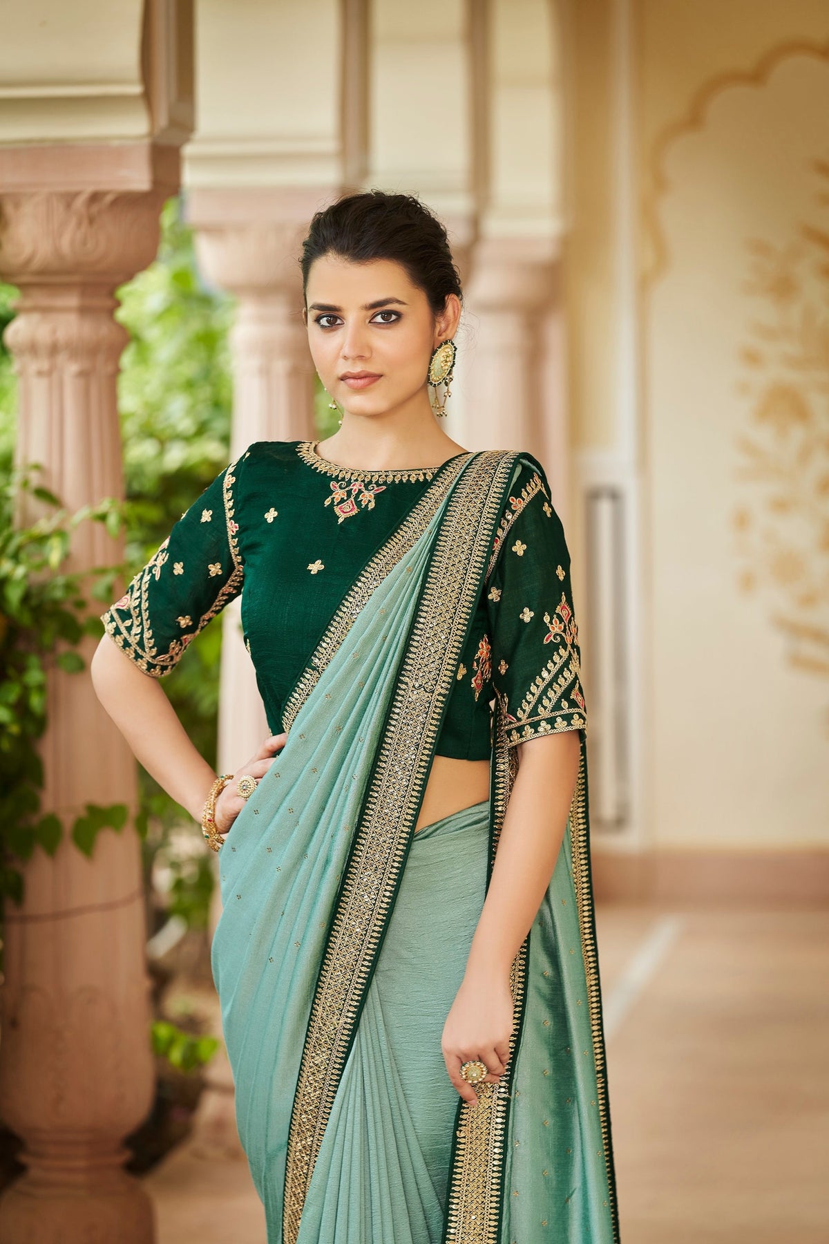 Designer Pista Green Color Swarovski Sequence Work Silk Saree Clothsvilla