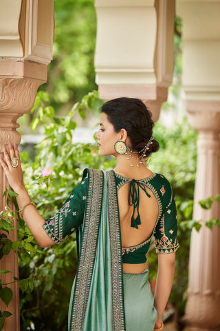Designer Pista Green Color Swarovski Sequence Work Silk Saree Clothsvilla