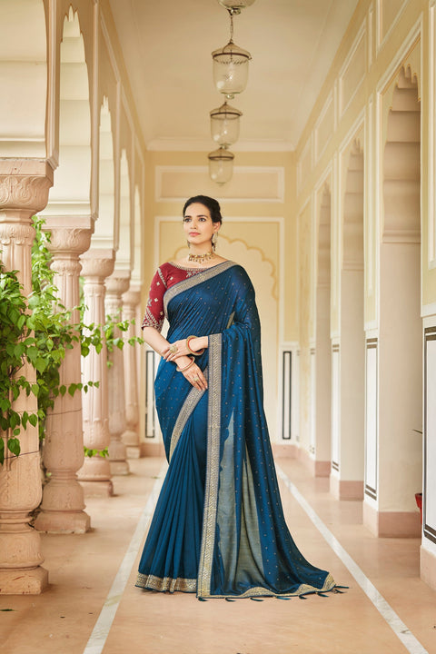 Designer Teal Blue Color Swarovski Sequence Work Silk Saree Clothsvilla Main image