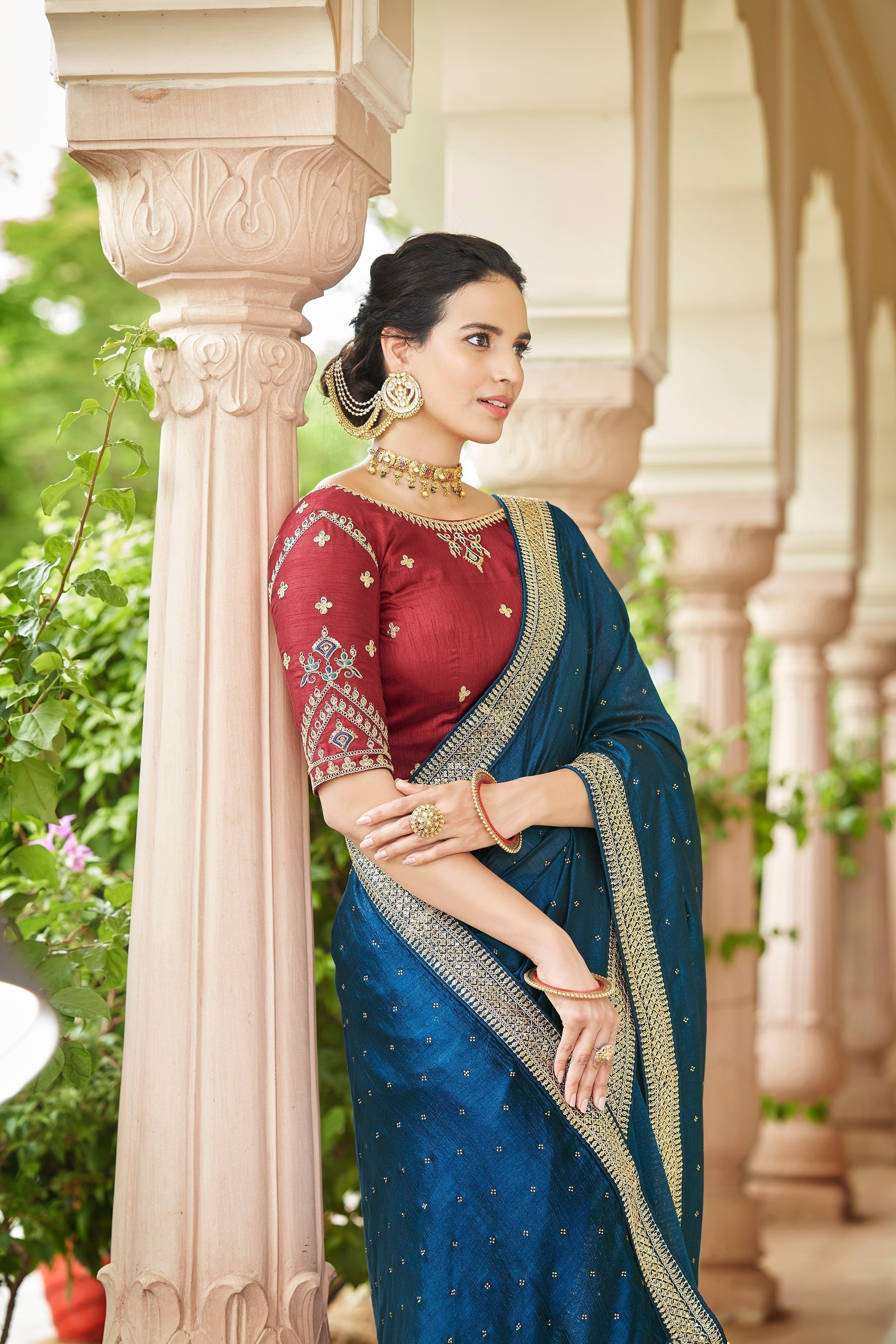 Designer Teal Blue Color Swarovski Sequence Work Silk Saree Clothsvilla