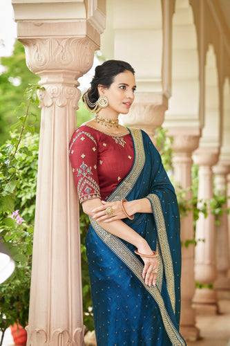 Designer Teal Blue Color Swarovski Sequence Work Silk Saree Clothsvilla