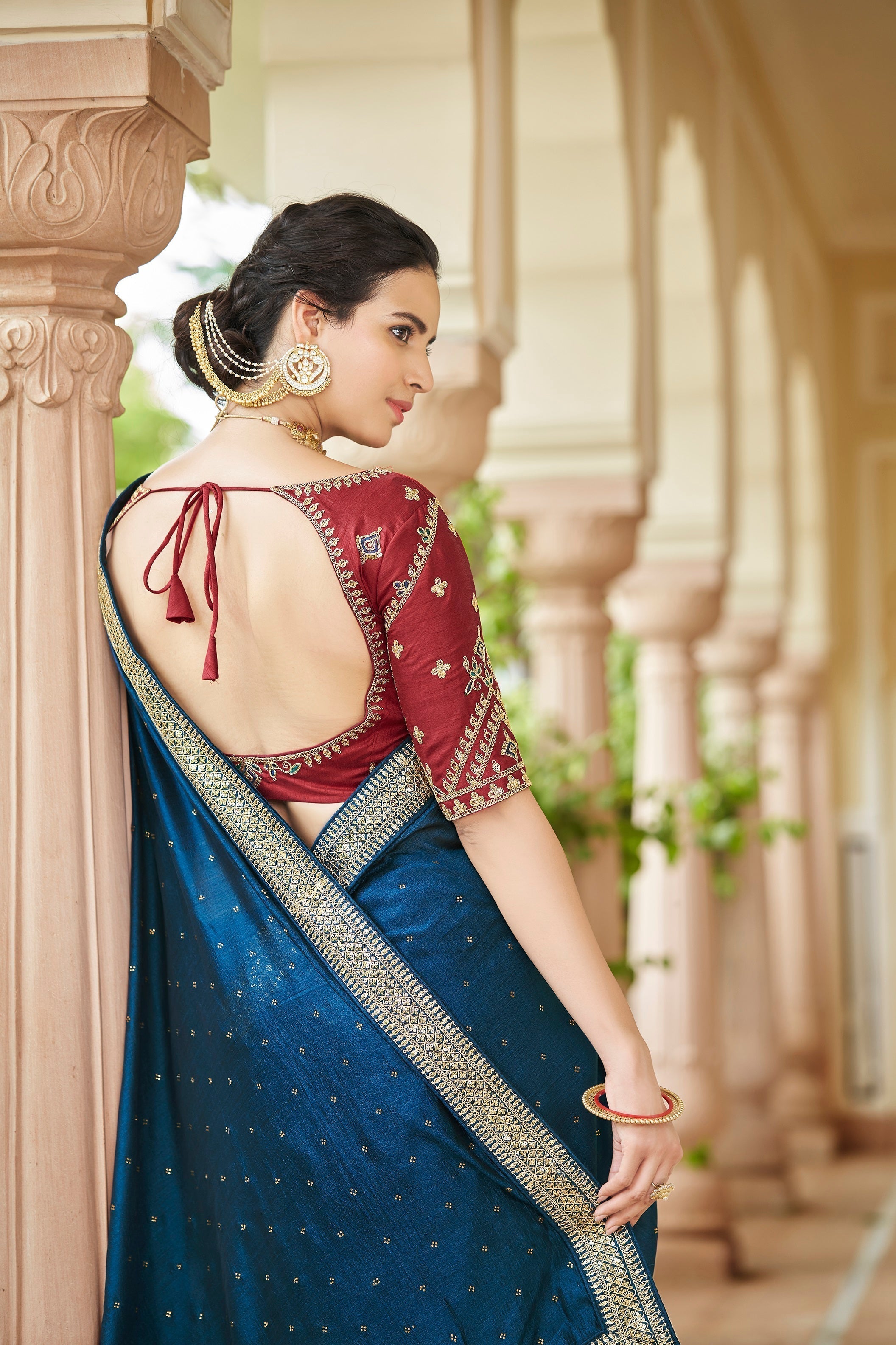 Designer Teal Blue Color Swarovski Sequence Work Silk Saree Clothsvilla