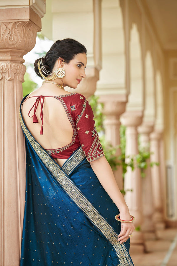Designer Teal Blue Color Swarovski Sequence Work Silk Saree Clothsvilla