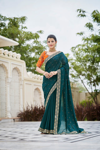Designer Rama Color Swarovski Sequence Work Silk Saree Clothsvilla