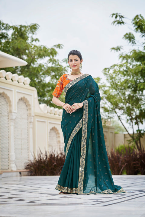 Designer Rama Color Swarovski Sequence Work Silk Saree Clothsvilla Main image