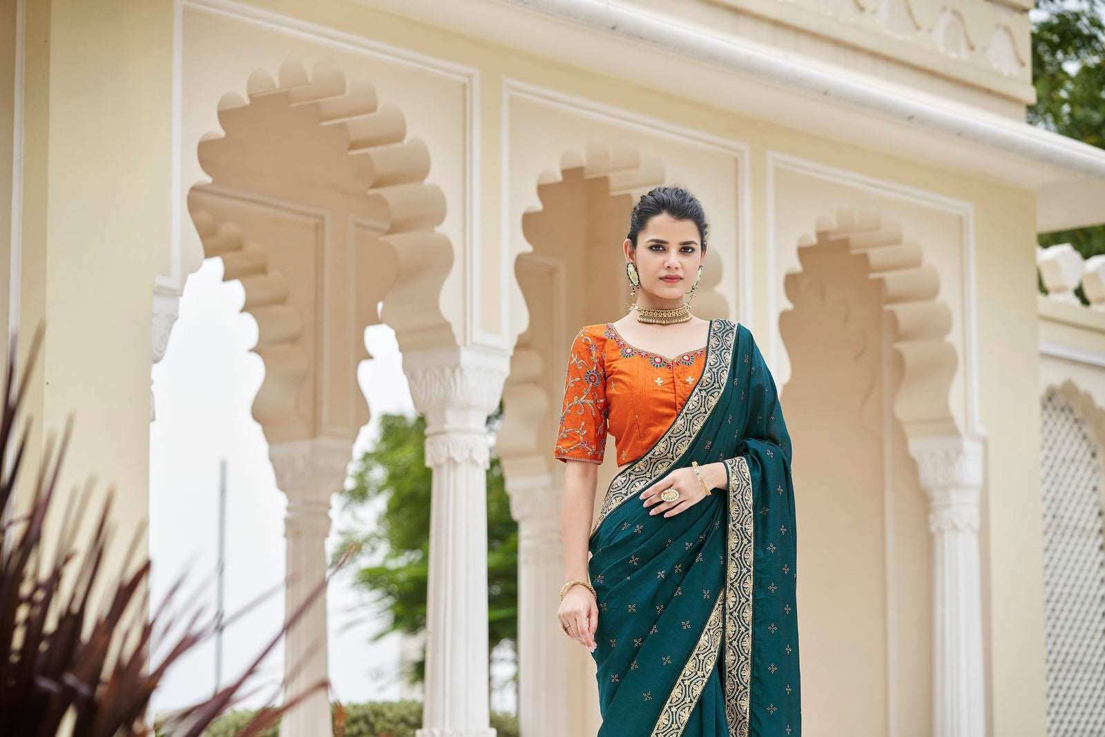 Designer Rama Color Swarovski Sequence Work Silk Saree Clothsvilla