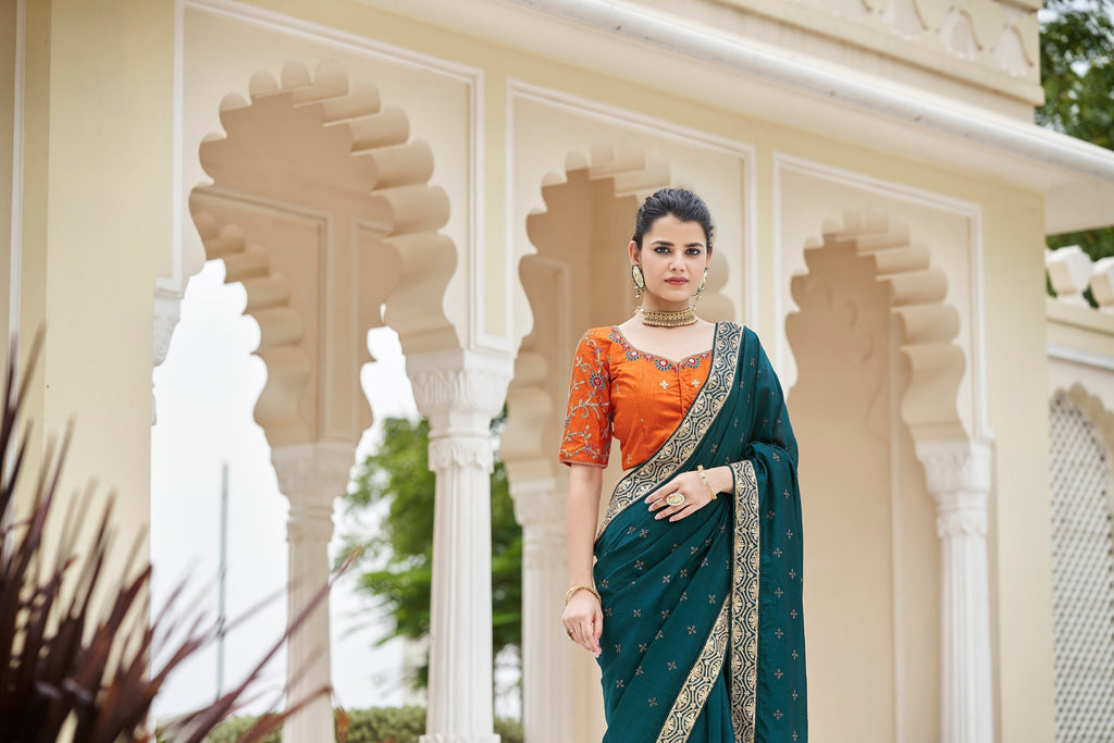 Designer Rama Color Swarovski Sequence Work Silk Saree Clothsvilla