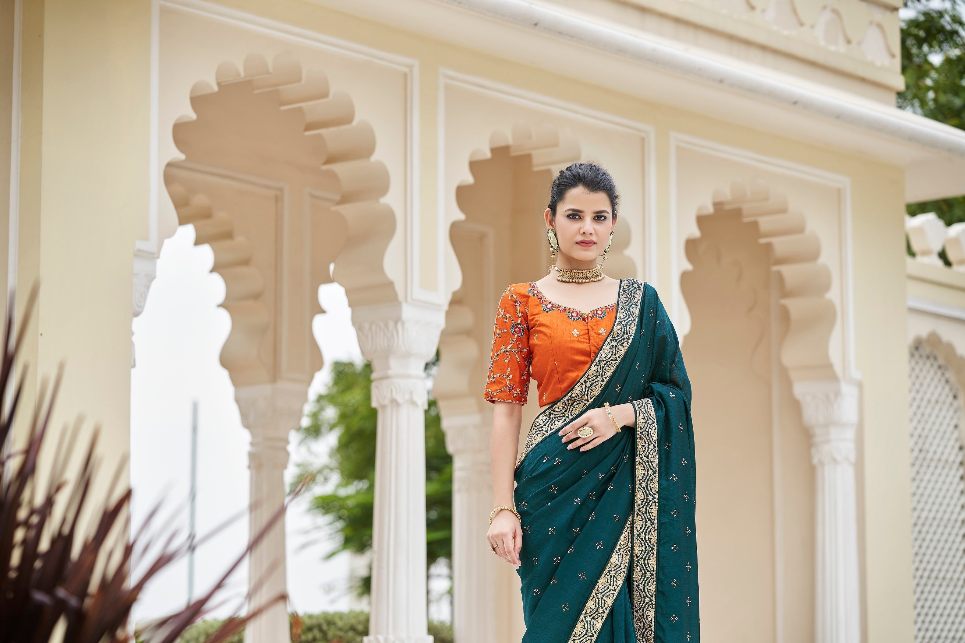 Designer Rama Color Swarovski Sequence Work Silk Saree Clothsvilla