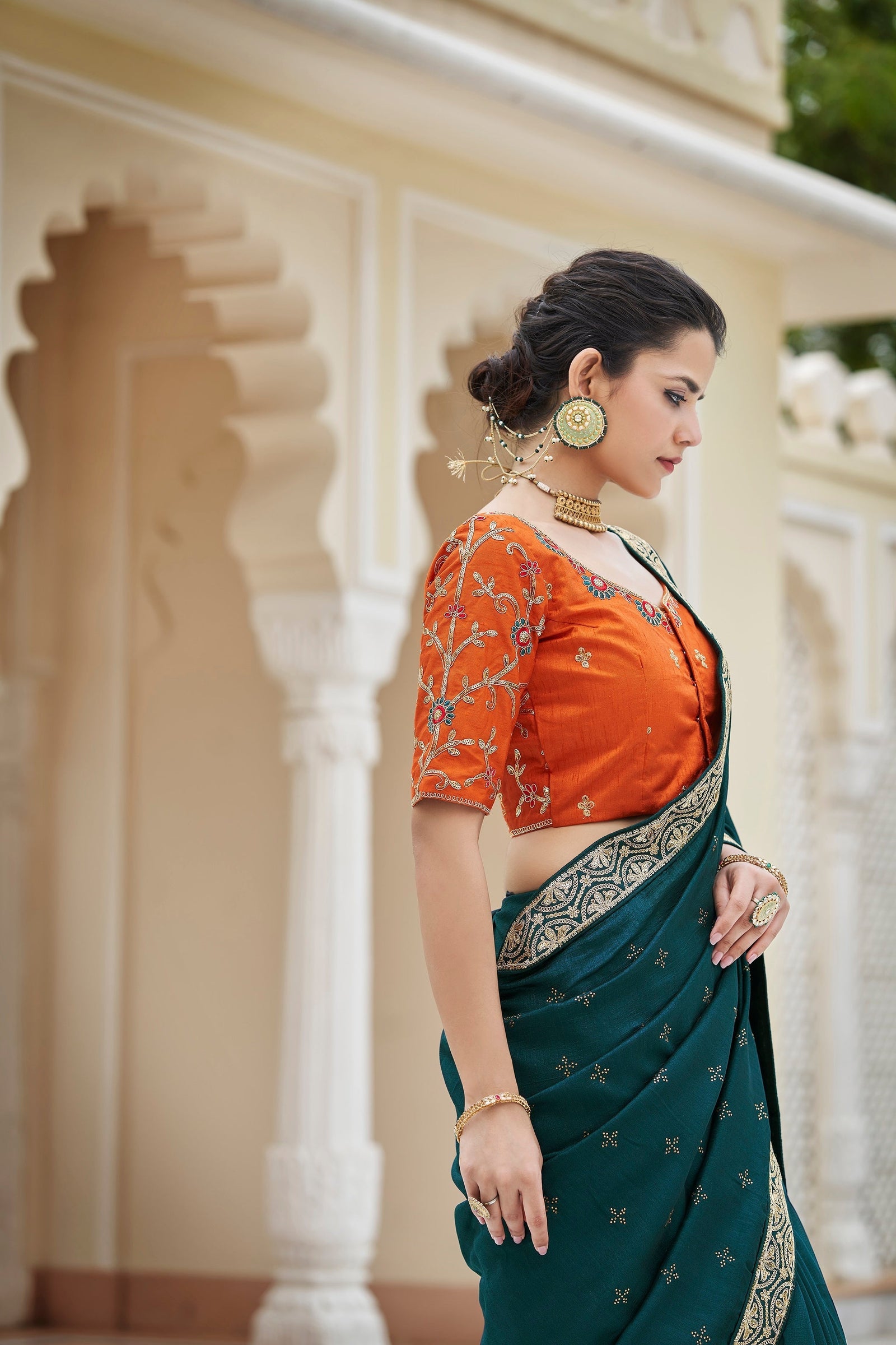 Designer Rama Color Swarovski Sequence Work Silk Saree Clothsvilla