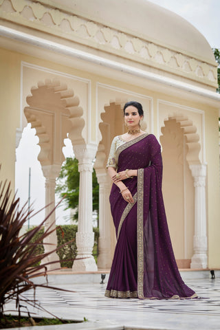 Designer Purple Color Swarovski Sequence Work Silk Saree Clothsvilla