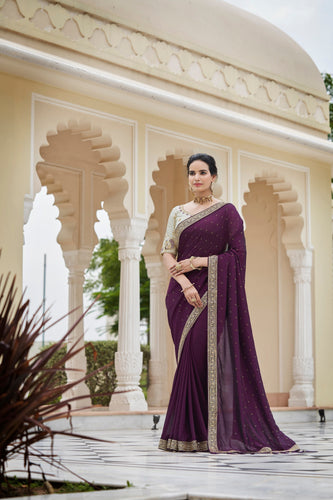 Designer Purple Color Swarovski Sequence Work Silk Saree Clothsvilla