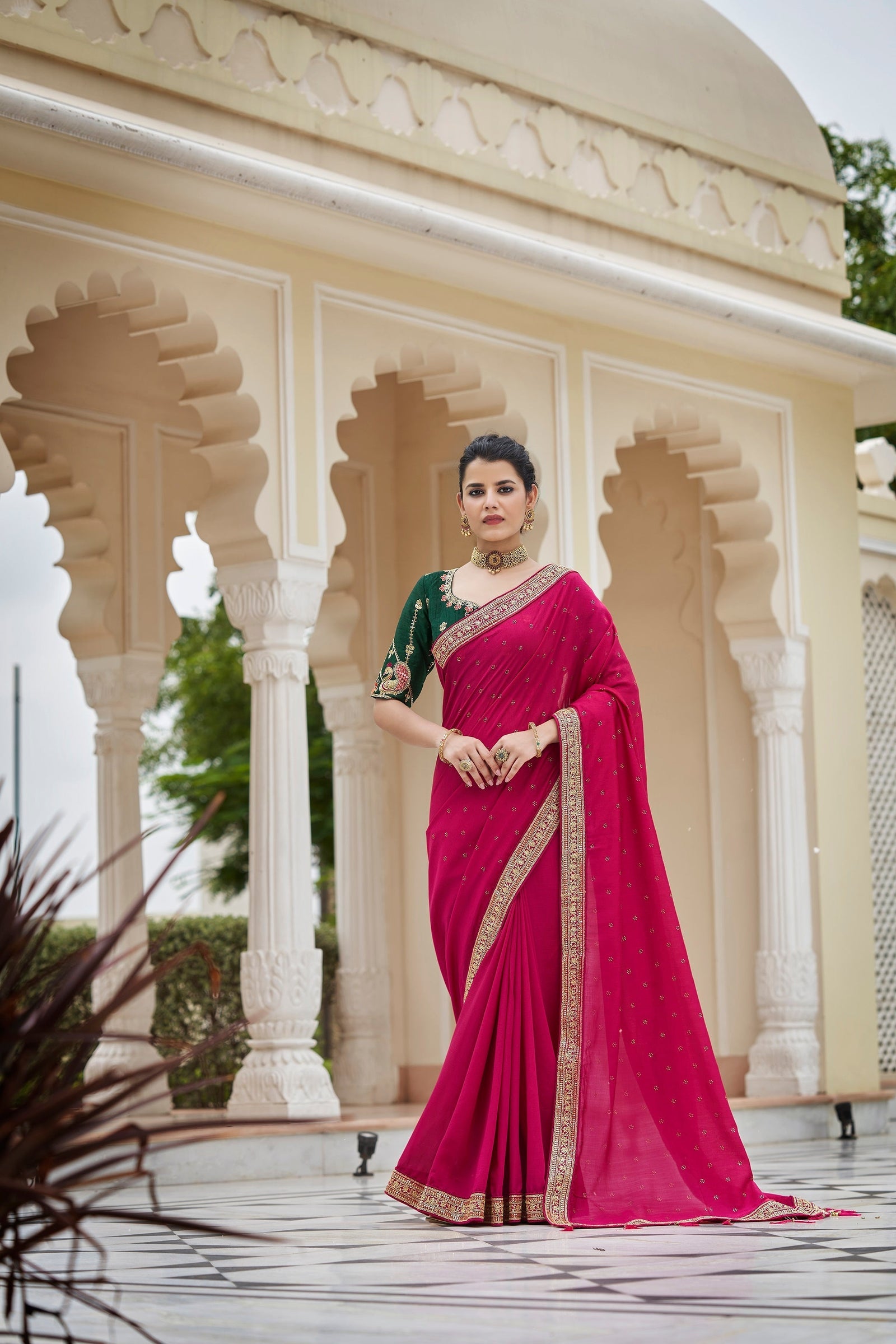 Designer Dark Pink Color Swarovski Sequence Work Silk Saree Clothsvilla