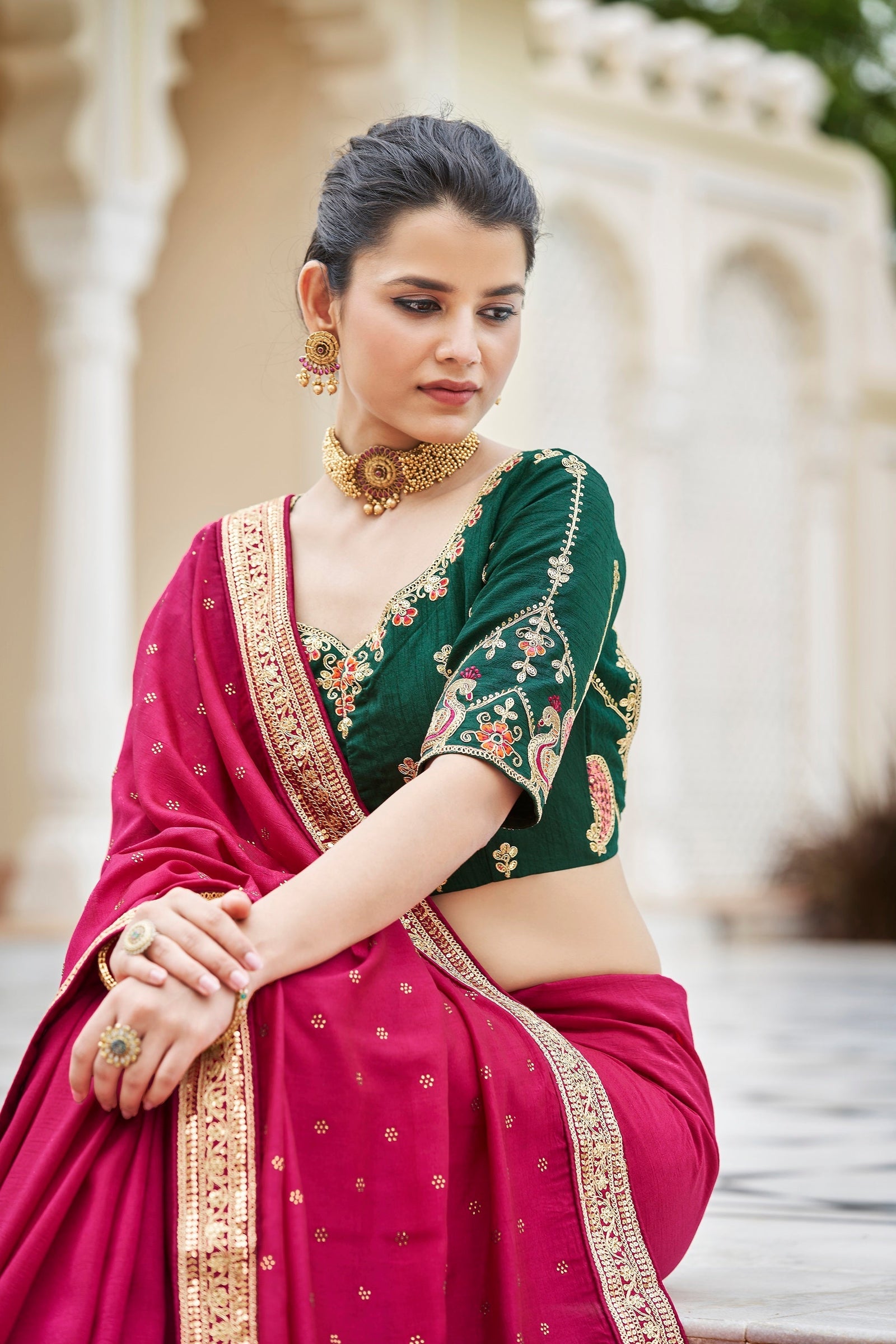 Designer Dark Pink Color Swarovski Sequence Work Silk Saree Clothsvilla