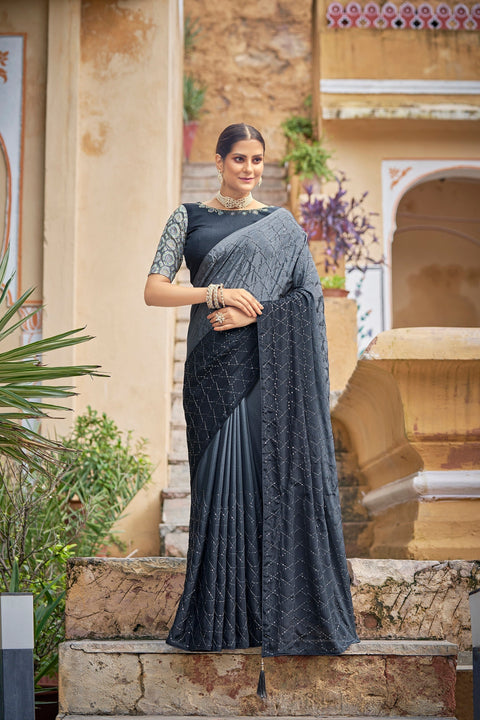 Fancy Grey Color Sequence Thread Work Chinon Saree Clothsvilla Main image