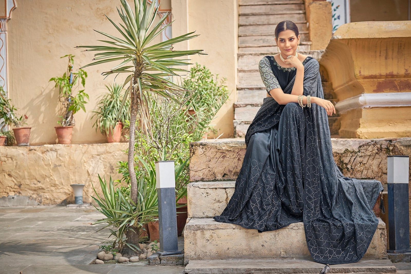 Fancy Grey Color Sequence Thread Work Chinon Saree Clothsvilla