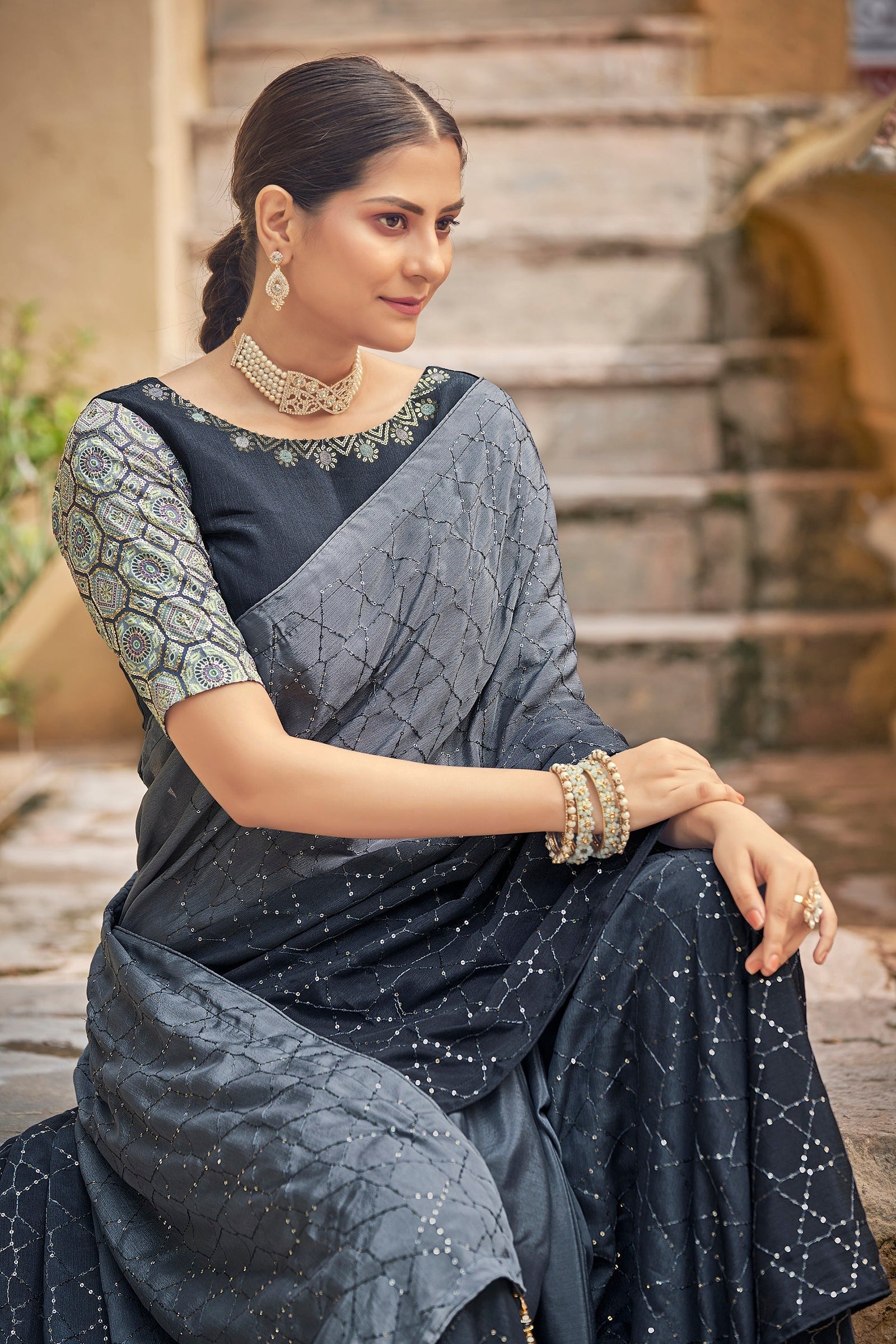 Fancy Grey Color Sequence Thread Work Chinon Saree Clothsvilla