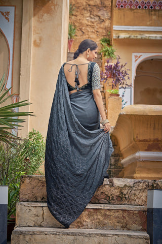 Fancy Grey Color Sequence Thread Work Chinon Saree Clothsvilla
