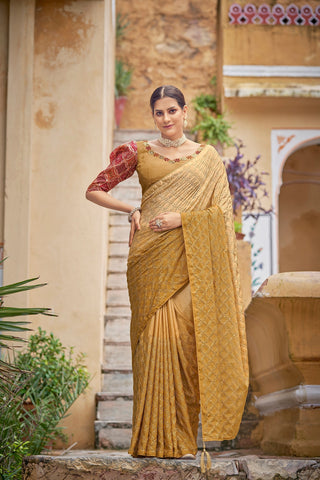 Fancy Yellow Color Sequence Thread Work Chinon Saree Clothsvilla