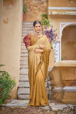 Fancy Yellow Color Sequence Thread Work Chinon Saree Clothsvilla