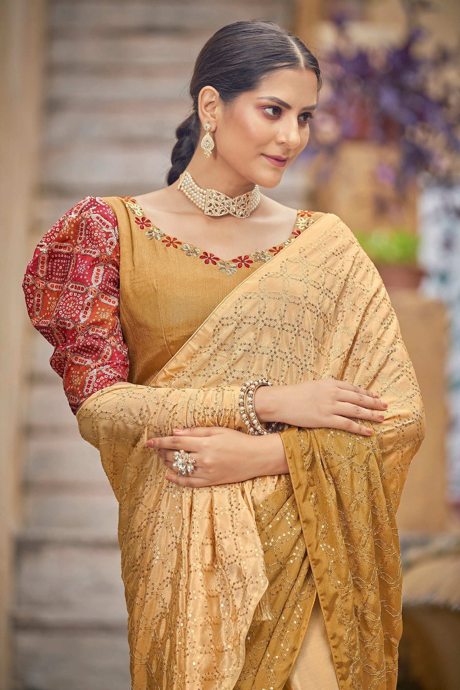 Fancy Yellow Color Sequence Thread Work Chinon Saree Clothsvilla