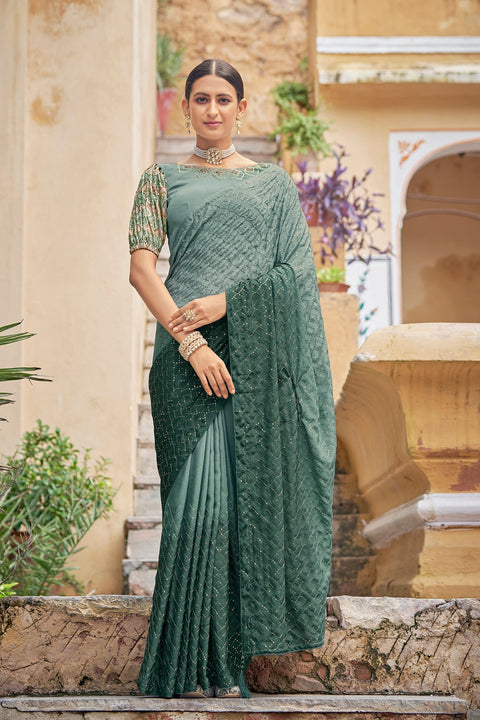 Fancy Green Color Sequence Thread Work Chinon Saree Clothsvilla Main image