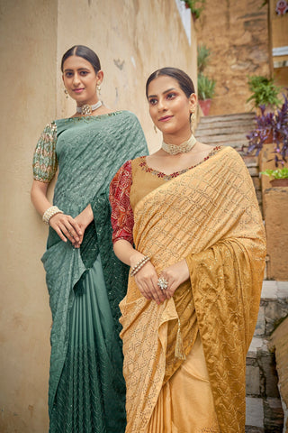 Fancy Green Color Sequence Thread Work Chinon Saree Clothsvilla