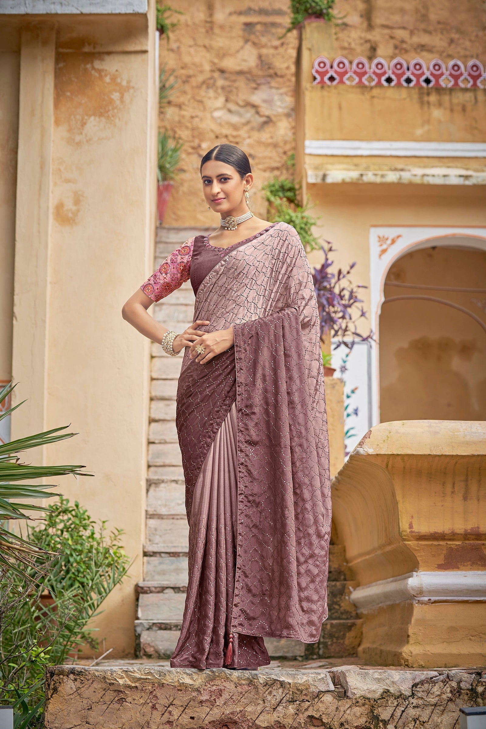 Fancy Dusty Pink Color Sequence Thread Work Chinon Saree Clothsvilla