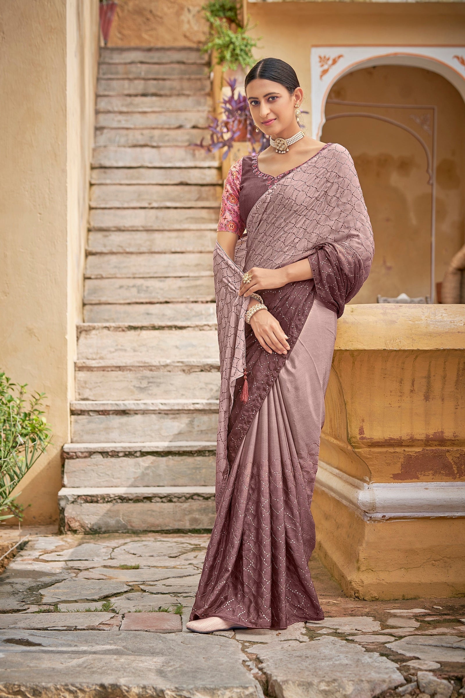 Fancy Dusty Pink Color Sequence Thread Work Chinon Saree Clothsvilla