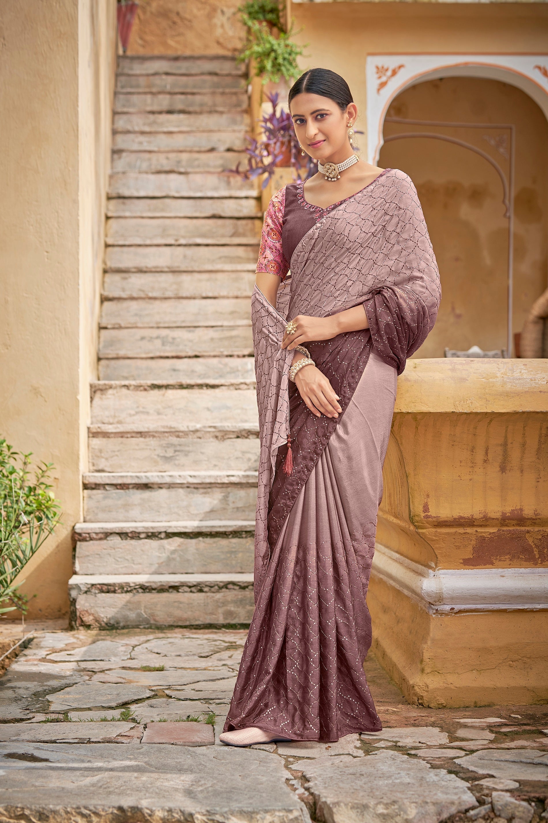Fancy Dusty Pink Color Sequence Thread Work Chinon Saree Clothsvilla