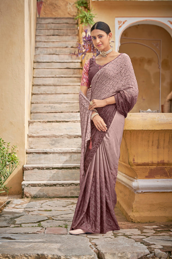 Fancy Dusty Pink Color Sequence Thread Work Chinon Saree Clothsvilla
