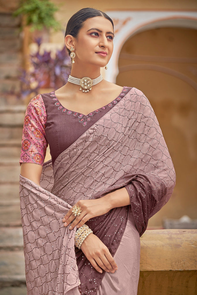 Fancy Dusty Pink Color Sequence Thread Work Chinon Saree Clothsvilla