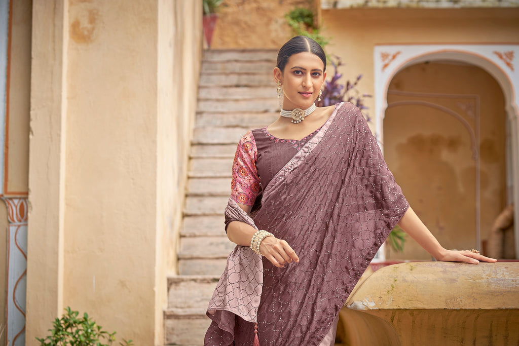 Fancy Dusty Pink Color Sequence Thread Work Chinon Saree Clothsvilla
