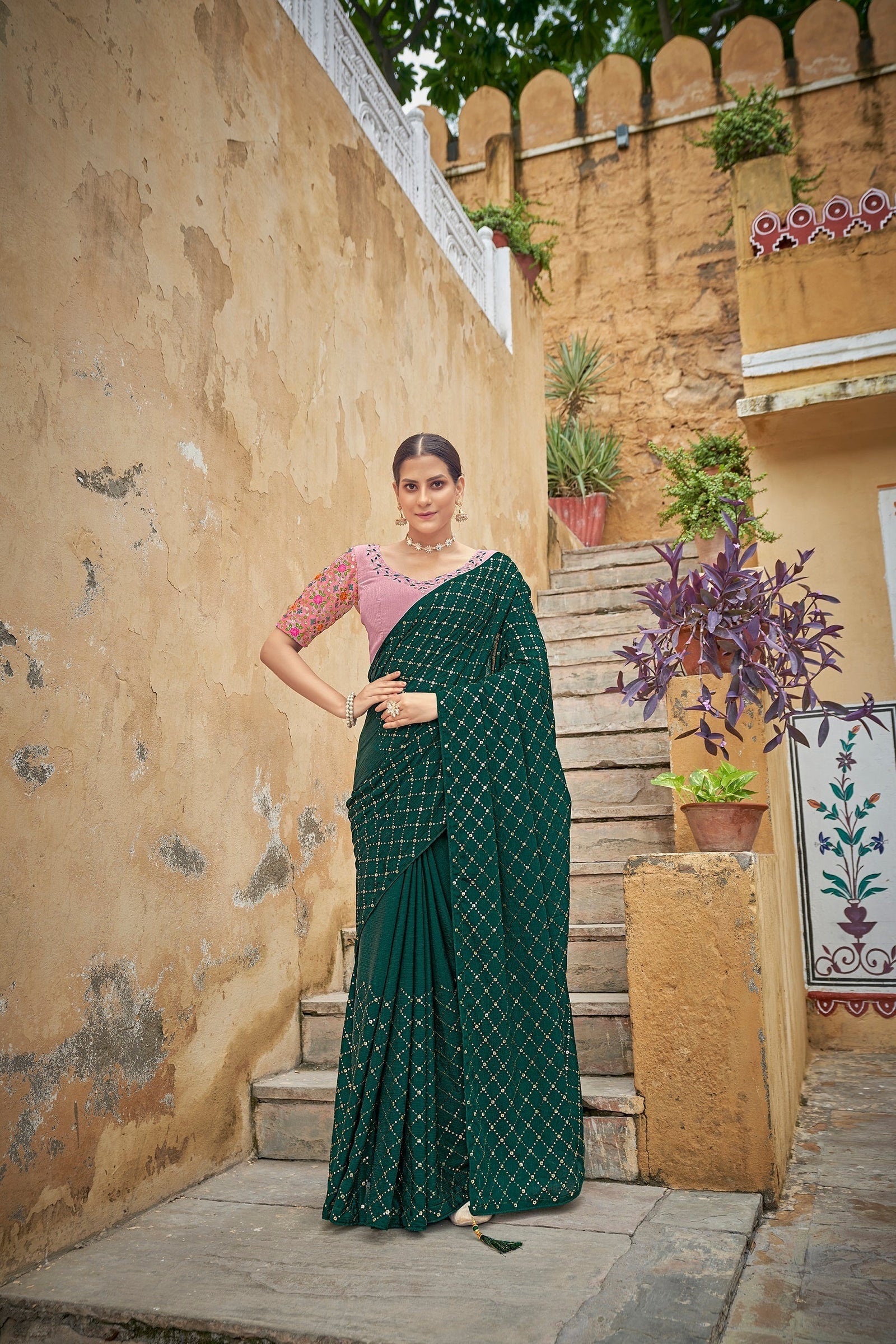 Fancy Dark Green Color Sequence Thread Work Chinon Saree Clothsvilla