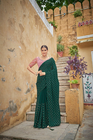 Fancy Dark Green Color Sequence Thread Work Chinon Saree Clothsvilla