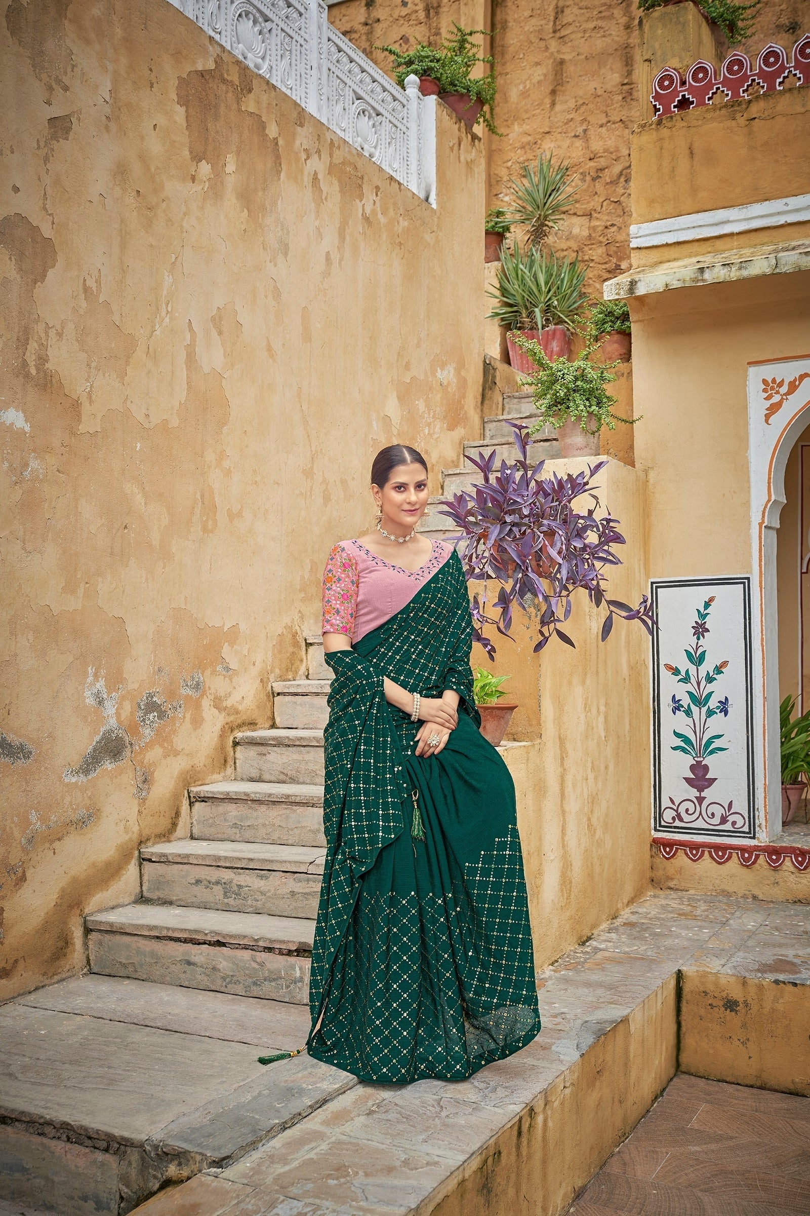 Fancy Dark Green Color Sequence Thread Work Chinon Saree Clothsvilla