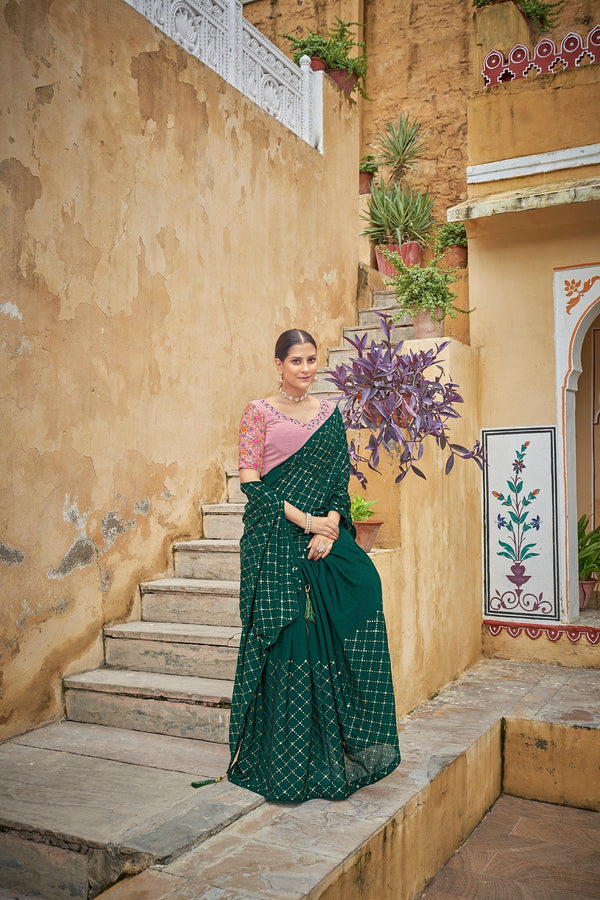 Fancy Dark Green Color Sequence Thread Work Chinon Saree Clothsvilla