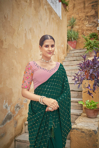 Fancy Dark Green Color Sequence Thread Work Chinon Saree Clothsvilla