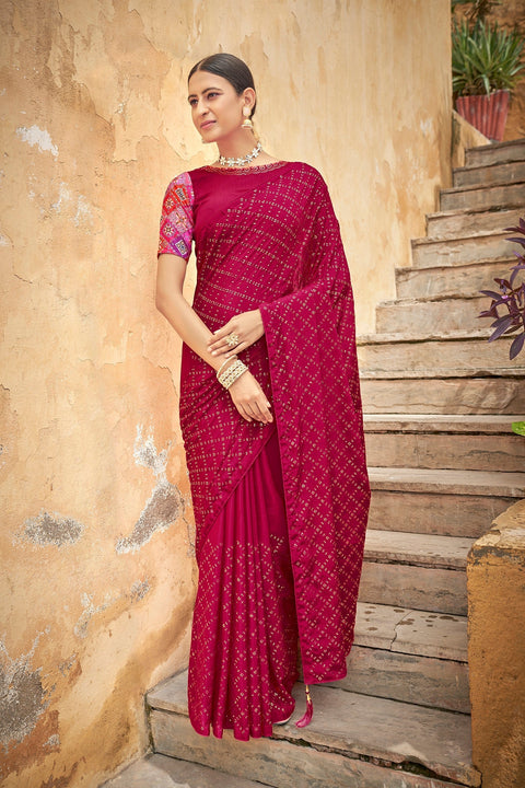 Fancy Dark PInk Color Sequence Thread Work Chinon Saree Clothsvilla Main image