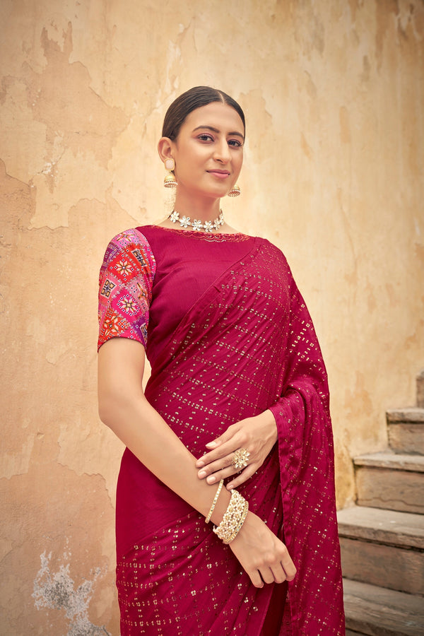 Fancy Dark PInk Color Sequence Thread Work Chinon Saree Clothsvilla