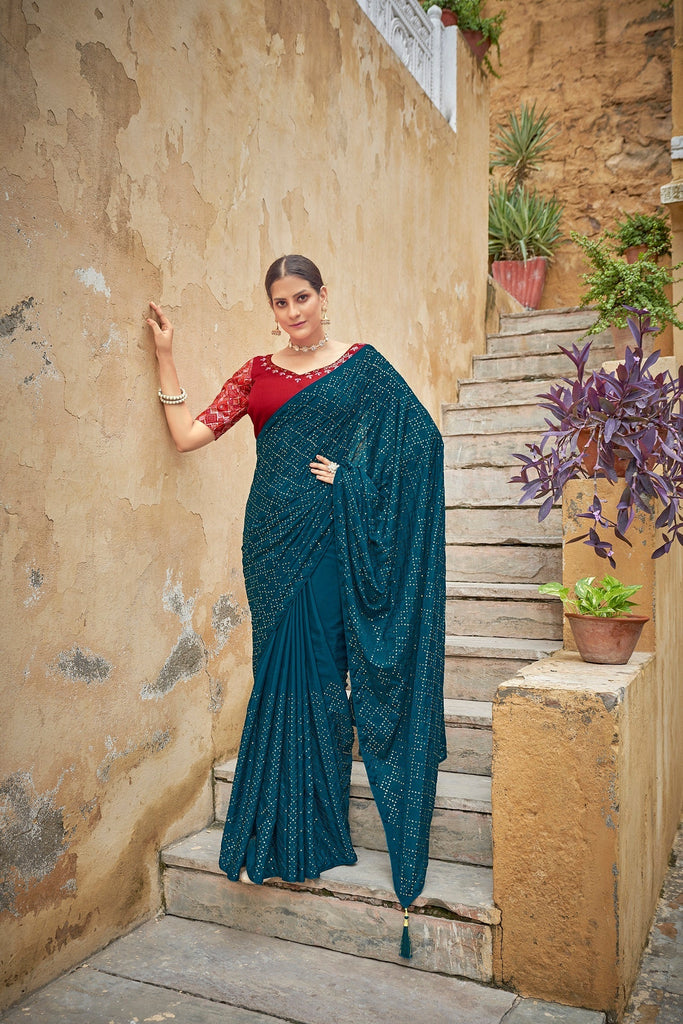 Fancy Teal Blue Color Sequence Thread Work Chinon Saree Clothsvilla