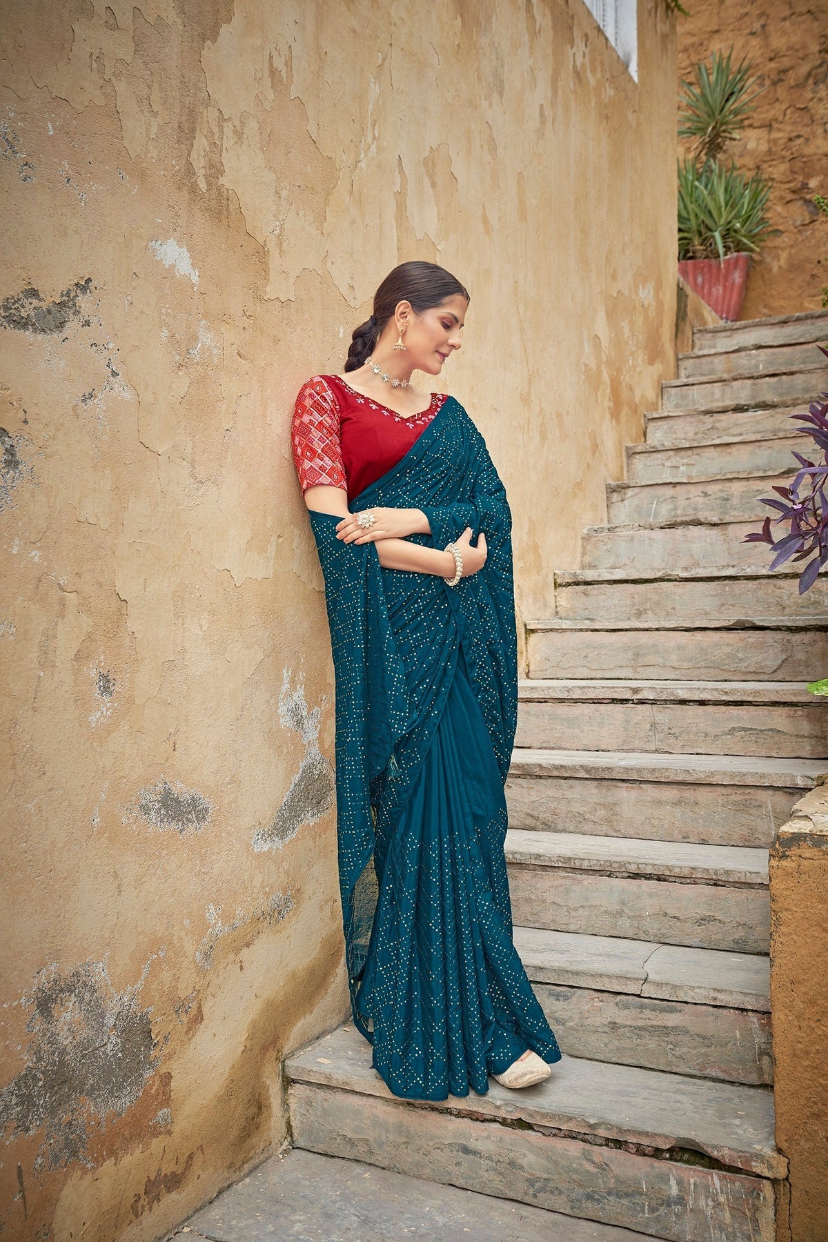 Fancy Teal Blue Color Sequence Thread Work Chinon Saree Clothsvilla