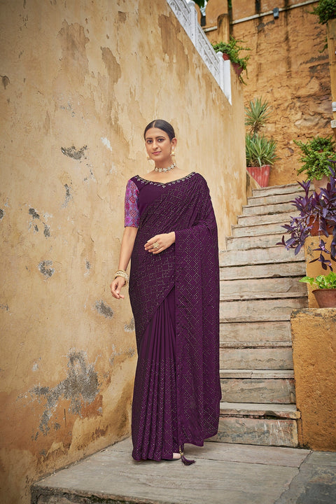 Fancy Purple Color Sequence Thread Work Chinon Saree Clothsvilla Main image